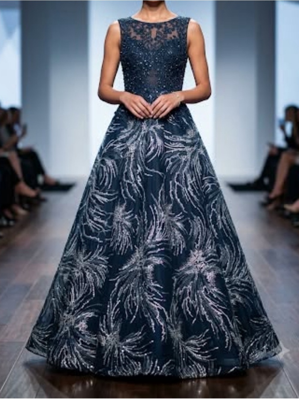 Elegant Navy Beaded A-Line Evening Gown